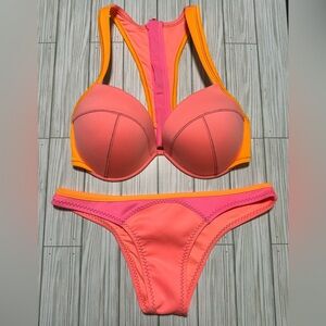 NEW Victoria’s Secret Swim Bikini Set Neoprene Orange Pink 36DD Sporty Zip